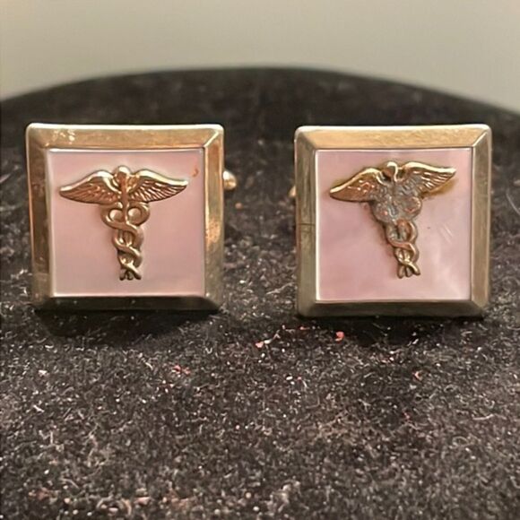Vintage-1950s-1” square gold/silver tone Caduceus medical bullet back cuff links - Picture 1 of 14